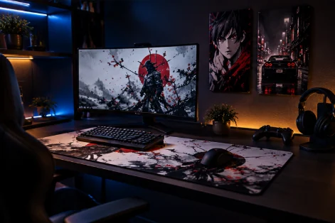 Setup de computador com mousepad personalizado, teclado, mouse e controles